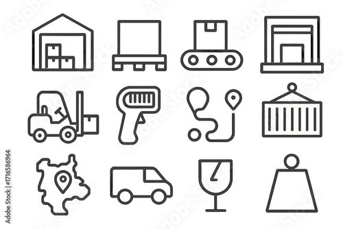 Logistics Icon Set. Line style icons of logistics: warehouse, pallet, conveyor belt, loading dock; forklift, inventory scanner,