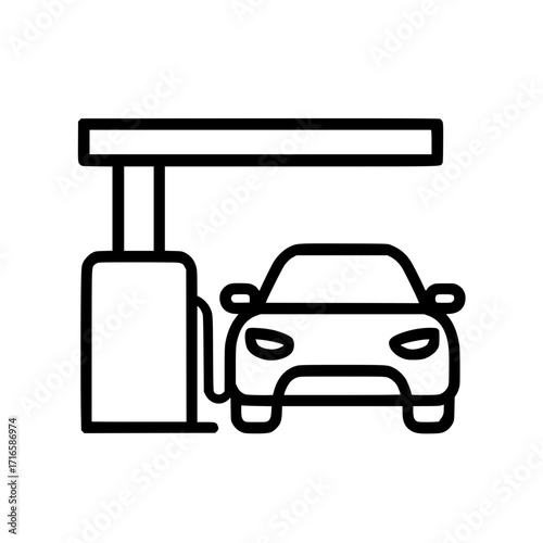 Electric vehicle charging car at station dark blue line icon
