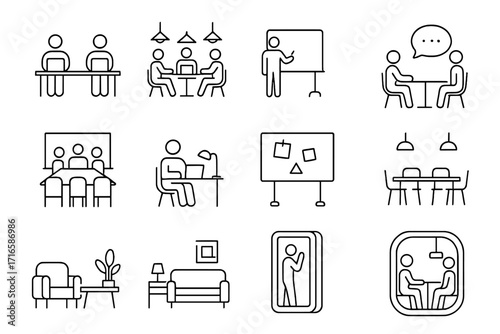 Coworking Space Icons. Line style icons of coworking space: shared desk, open plan area, whiteboard, brainstorming bubble; team