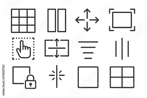 Layout and Alignment Icons. Line style icons of layout and alignment: grid layout, columns icon, alignment arrows, margin box;