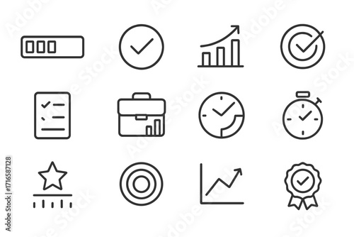Productivity Tracking Icons. Line style icons of productivity tracking: progress bar, completed circle, productivity chart, goal