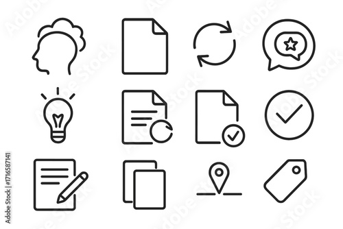 Creative Process Icons. Line style icons of creative workflow: brainstorm icon, draft file, revision arrows, feedback bubble;