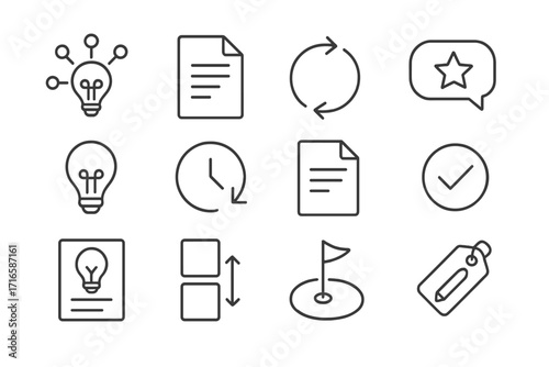 Creative Process Icons. Line style icons of creative workflow: brainstorm icon, draft file, revision arrows, feedback bubble;