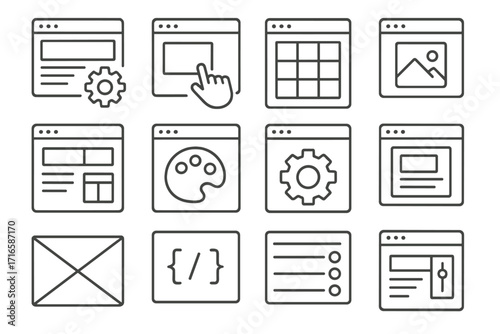 CMS Design Line Icons. Line style icons of CMS and template design: page builder, drag section, layout grid, widget icon; block