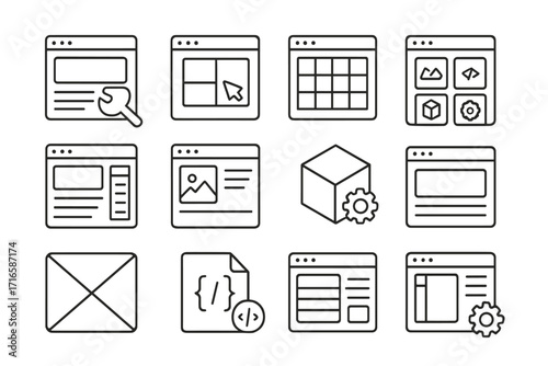 CMS Design Line Icons. Line style icons of CMS and template design: page builder, drag section, layout grid, widget icon; block