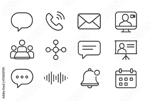 Business Communication Icons. Line style icons of business communication: speech bubble, phone call, email, video chat; group