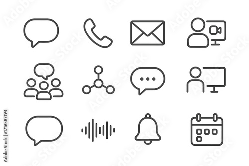 Business Communication Icons. Line style icons of business communication: speech bubble, phone call, email, video chat; group