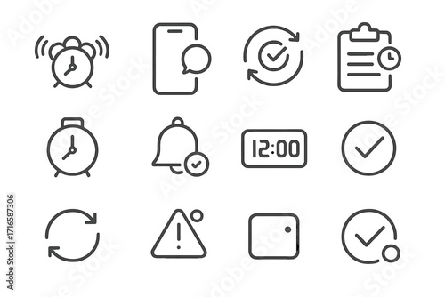 Automated Reminder Icons. Line style icons of automated reminders: auto alarm, smart ping, repeat check, scheduled list; set timer