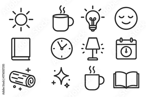 Peaceful Energy Icons. Line style icons of peaceful energy icons: morning sun, steaming mug, bulb glow, soft smile; quiet book,