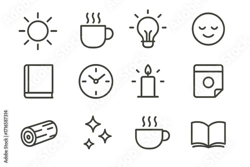 Peaceful Energy Icons. Line style icons of peaceful energy icons: morning sun, steaming mug, bulb glow, soft smile; quiet book,