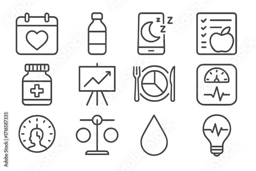 Daily Health Icons. Line style icons of daily health tools: calendar with heart, hydration icon, sleep tracker, diet list; vitamin