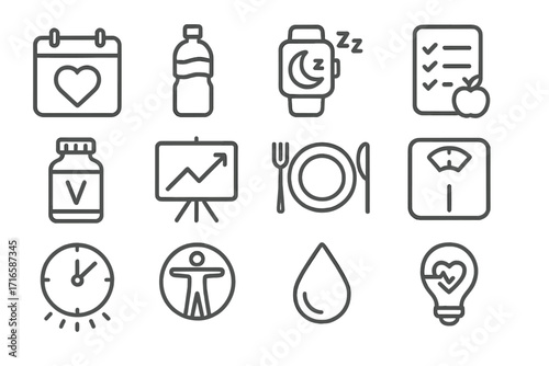 Daily Health Icons. Line style icons of daily health tools: calendar with heart, hydration icon, sleep tracker, diet list; vitamin