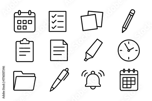 Productivity Line Icons. Line style icons of productivity essentials: calendar, checklist, sticky notes, pencil; clipboard, paper
