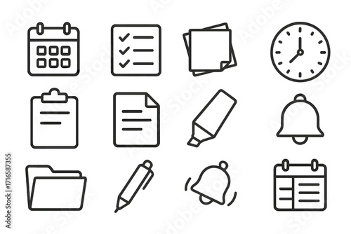 Productivity Line Icons. Line style icons of productivity essentials: calendar, checklist, sticky notes, pencil; clipboard, paper
