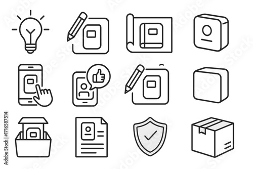 Product Design Icons. Line style icons of product design process: idea bulb, sketching, blueprint, prototype; testing, user