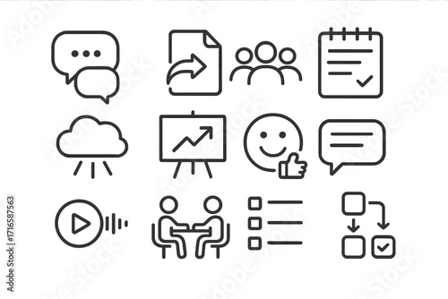 Collaborative Team Icons. Line style icons of team collaboration: chat bubbles, shared file, group icon, meeting notes;