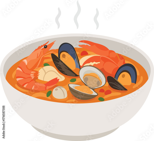 A steaming white bowl of delicious seafood stew filled with shrimp, mussels, clams, and a lobster claw.