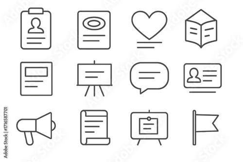 Brand Messaging Icons. Line style icons of brand messaging: tone guide, logo usage, core values, storytelling icon; headline,