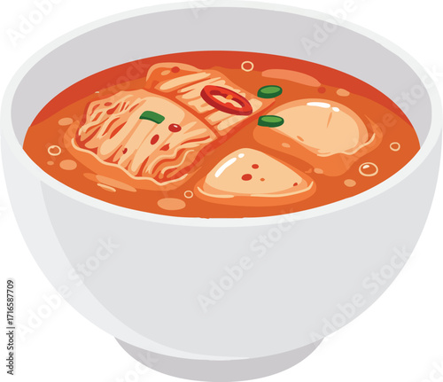 A close-up illustration of a steaming bowl of Korean kimchi jjigae, a spicy stew with tofu and cabbage.