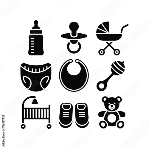 Collection of silhouette icons baby essentials objects including bottle pacifier stroller diaper bib rattle crib shoes teddy bear