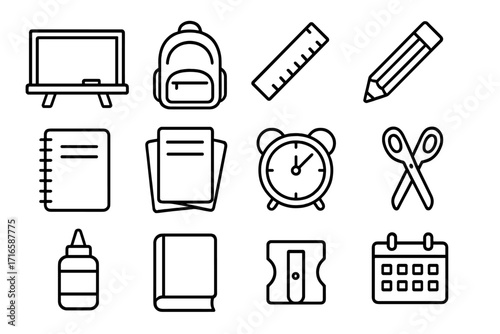 School Starter Kit Icons. Line style icons of school starter kit: chalkboard, backpack, ruler, pencil; notebook, paper sheets,