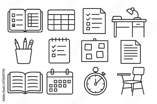 Study Icons Layout. Line style icons of study productivity layout: planner, schedule grid, homework page, study desk; pencil jar,
