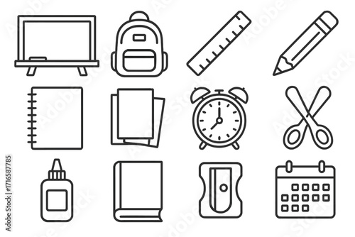 School Starter Kit Icons. Line style icons of school starter kit: chalkboard, backpack, ruler, pencil; notebook, paper sheets,