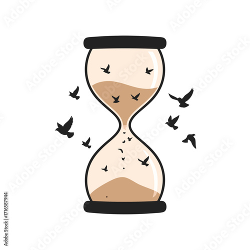 Hourglass with birds flying inside and around it.
