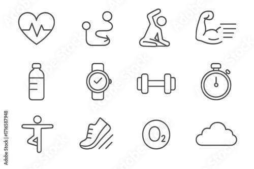 Health and Fitness Icons. Line style icons of health and motion: heartbeat, walking path, stretch icon, strength bar; hydration
