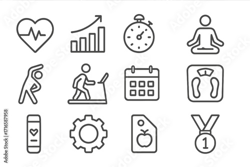 Fitness Planning Icons. Line style icons of exercise planning: heartbeat, weekly goal chart, stopwatch, yoga pose; stretching icon