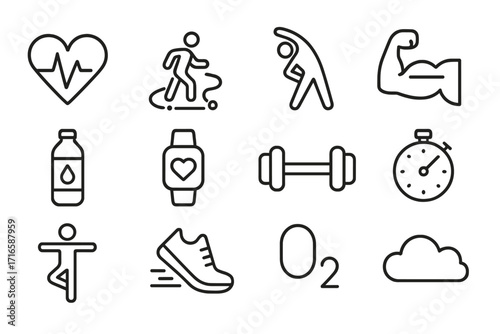 Health and Fitness Icons. Line style icons of health and motion: heartbeat, walking path, stretch icon, strength bar; hydration
