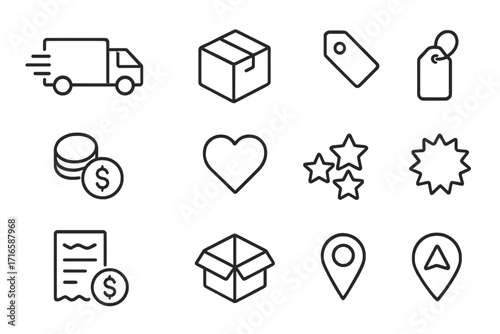 Retail Logistics Icons. Line style icons of retail logistics: delivery truck, barcode, package, tag; coins, rating stars, heart,