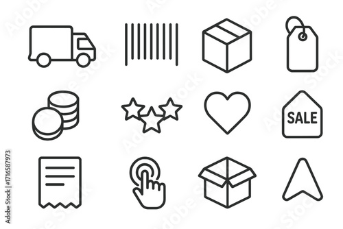 Retail Logistics Icons. Line style icons of retail logistics: delivery truck, barcode, package, tag; coins, rating stars, heart,