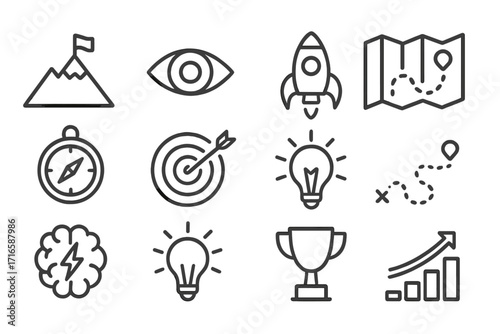 Visionary Exploration Icons. Line style icons of visionary exploration: mountain summit, eye, rocket, map; compass, target, idea