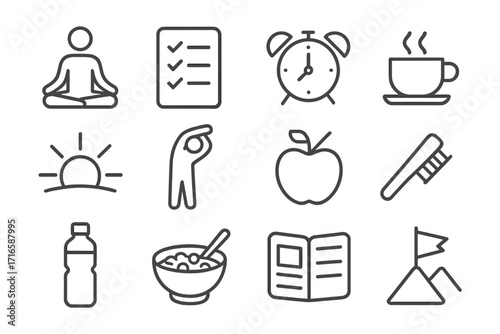 Mindful Morning Icons. Line style icons of mindful morning practice: yoga icon, checklist, alarm, coffee; sunrise, stretching