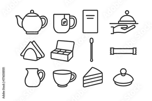 Cafe Tea Icons. Line style icons of cafe tea service: ceramic teapot, branded mug, menu card, server tray; napkin holder, tea