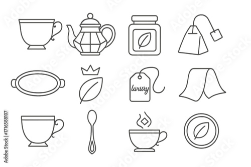 Luxury Tea Icons. Line style icons of luxury tea: gold-rimmed cup, crystal teapot, fine blend jar, silk tea bag; designer tray,