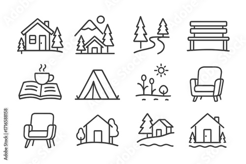 Icons of Solitude. Line style icons of retreat and solitude: cabin in woods, mountain hut, retreat path, secluded bench; book and