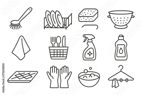 Utensil Maintenance Icons. Line style icons of utensil maintenance: dish brush, drying rack, sponge, sink colander; cloth towel,