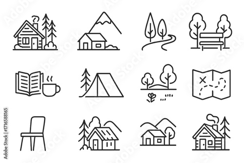 Icons of Solitude. Line style icons of retreat and solitude: cabin in woods, mountain hut, retreat path, secluded bench; book and