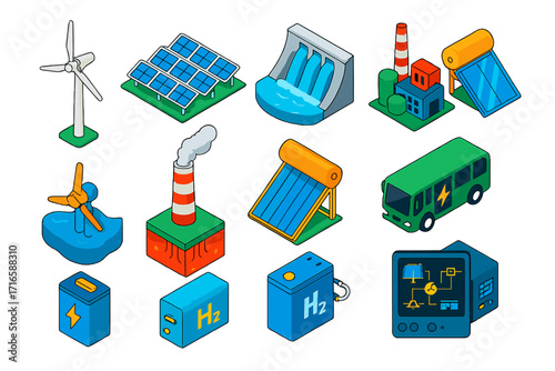 Renewable Energy Icons. Isometric vector illustration set Renewable energy: wind turbine, solar farm, hydroelectric dam, biomass