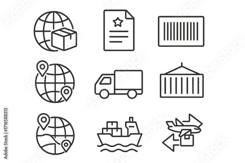 International Shipping Icons. Line style icons of international shipping: globe with box, customs document, international barcode,
