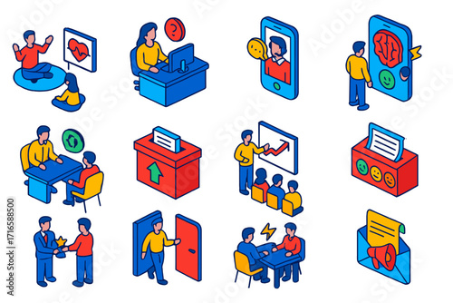 Employee Support Icons. Isometric vector illustration set Employee support programs: wellness session, HR help desk, employee