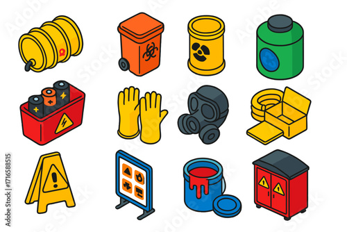 Hazardous Waste Disposal Icons. Isometric vector illustration set Hazardous waste disposal: chemical waste drum, medical waste bin