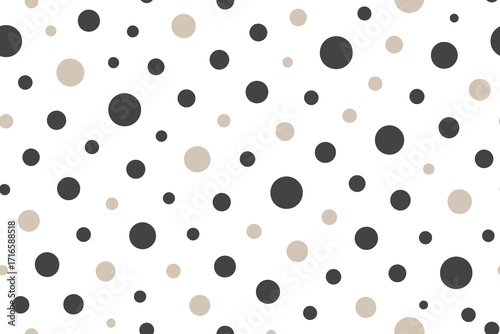 Abstract pattern of scattered dark gray and light gray polka dots on white
