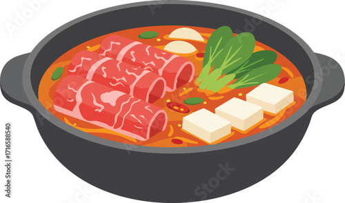 A vibrant illustration of a Korean kimchi jjigae, a spicy stew with meat and tofu.