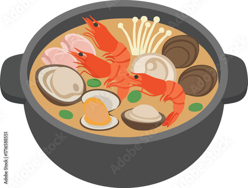 Illustration of seafood stew in a black pot with shrimp, clams, and mushrooms.