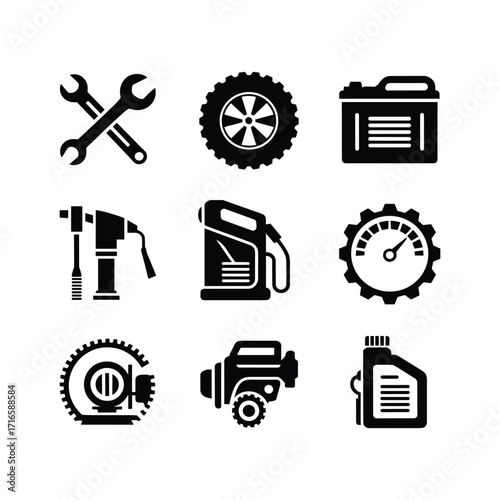 Set of nine automotive and mechanical tool icons including wrenches car tire engine and oil canister
