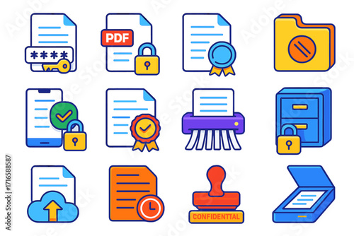 Document Security Icons. Isometric vector illustration set Document security: password-protected file, encrypted PDF, watermark on