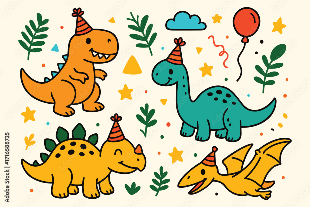 Fototapeta premium Cute cartoon dinosaurs wearing party hats celebrating a birthday with balloons and confetti